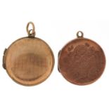 Two Victorian and later 9ct gold back and front lockets, one engraved with a bird and flowers,