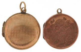 Two Victorian and later 9ct gold back and front lockets, one engraved with a bird and flowers,