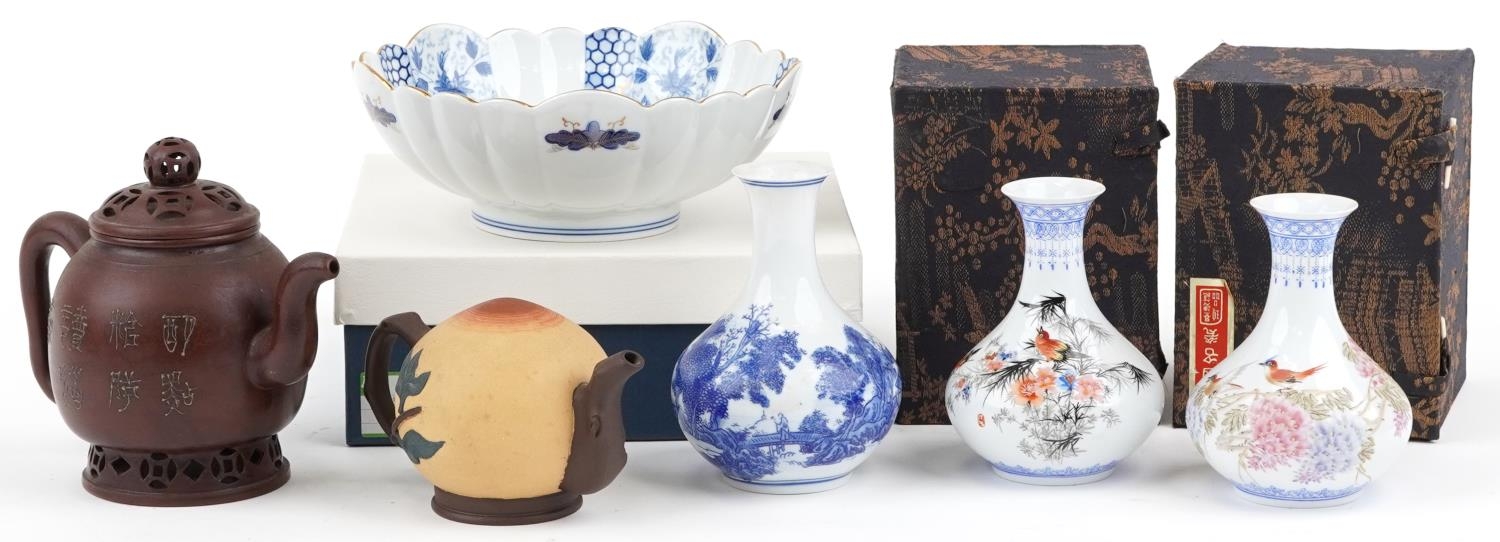 Chinese and Japanese ceramics including two Yixing teapots and two eggshell porcelain vases hand