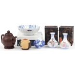 Chinese and Japanese ceramics including two Yixing teapots and two eggshell porcelain vases hand