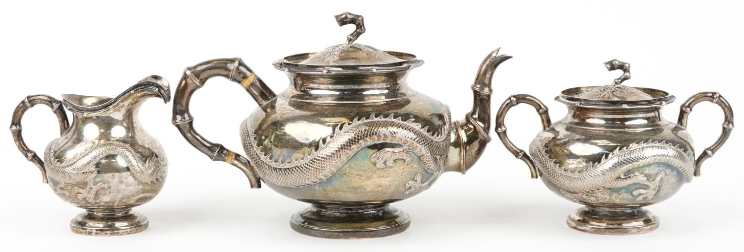 Chinese export silver and three piece tea service having simulated bamboo handles embossed with - Image 4 of 8