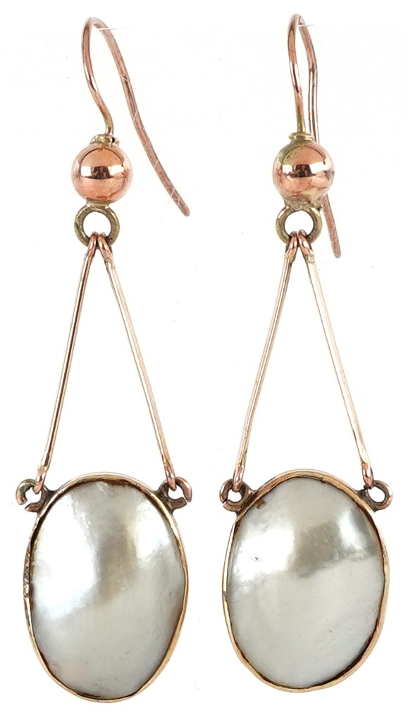 Pair of antique 9ct rose gold mother of pearl drop earrings, 4.5cm high, total 5.4g