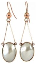 Pair of antique 9ct rose gold mother of pearl drop earrings, 4.5cm high, total 5.4g