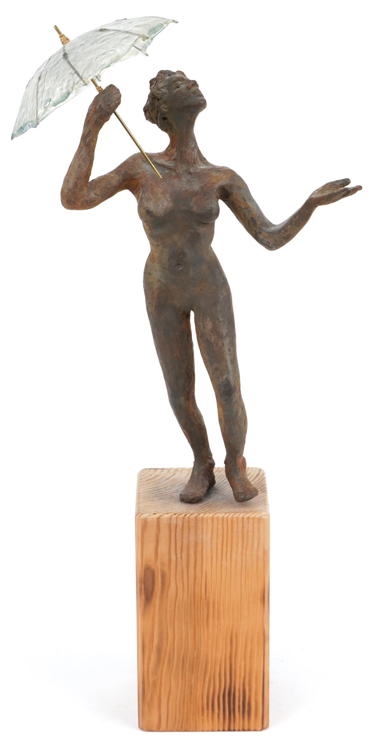Neil Wilkinson, contemporary Brutalist cast resin sculpture of a nude female holding an umbrella - Image 2 of 4