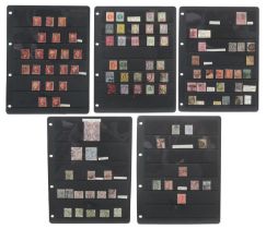 Victorian British stamps arranged on five sheets including Penny Reds, five shillings and ten