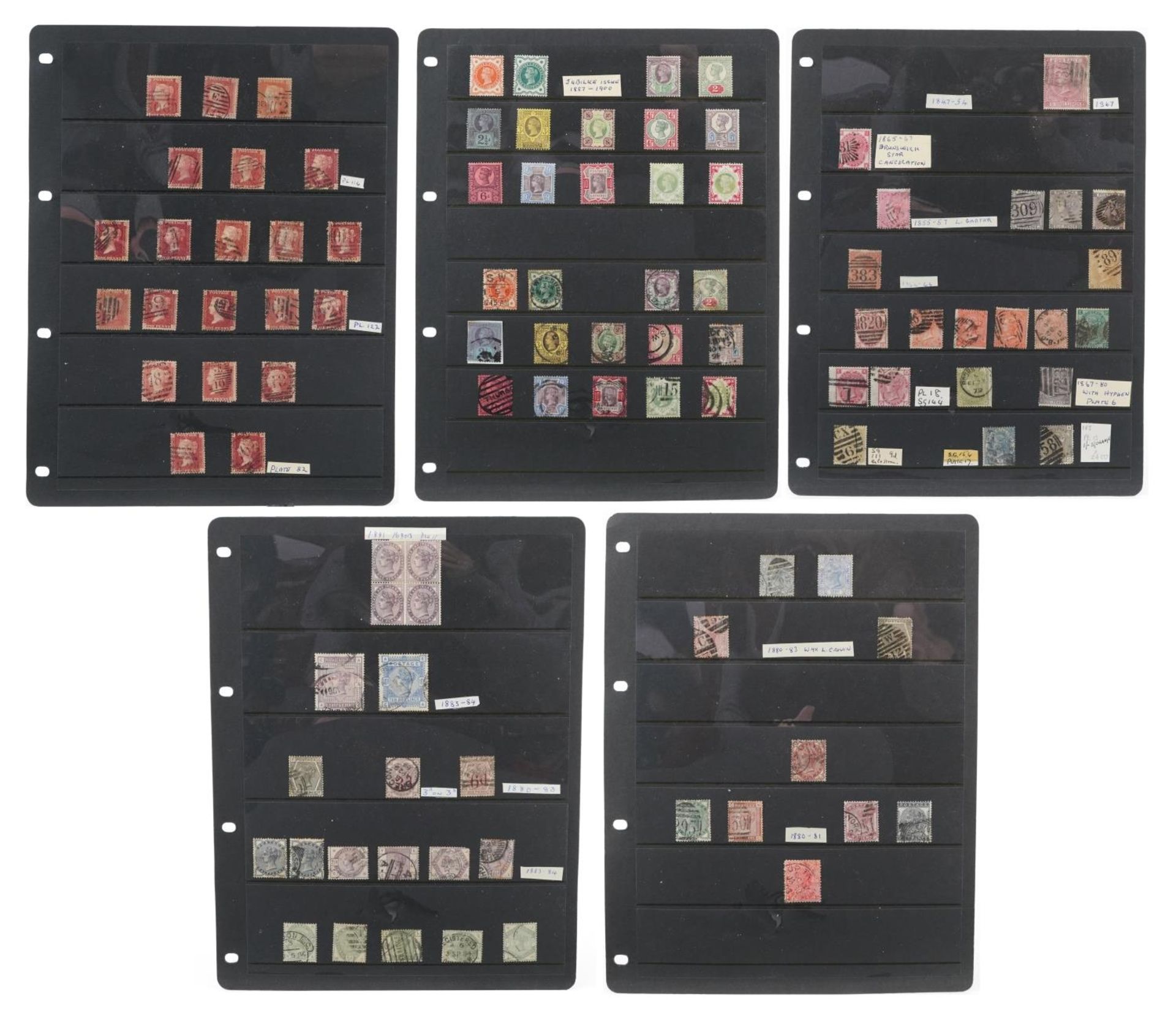 Victorian British stamps arranged on five sheets including Penny Reds, five shillings and ten