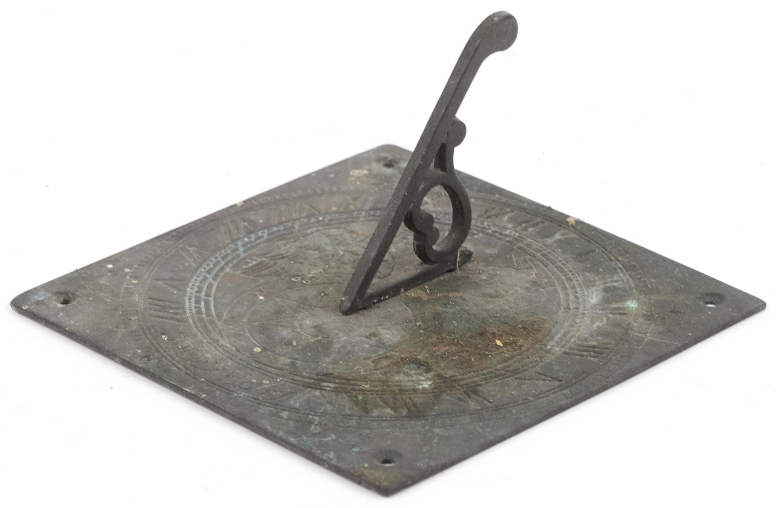 Antique verdigris patinated bronze sundial engraved with griffins, 16cm x 16cm