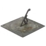 Antique verdigris patinated bronze sundial engraved with griffins, 16cm x 16cm