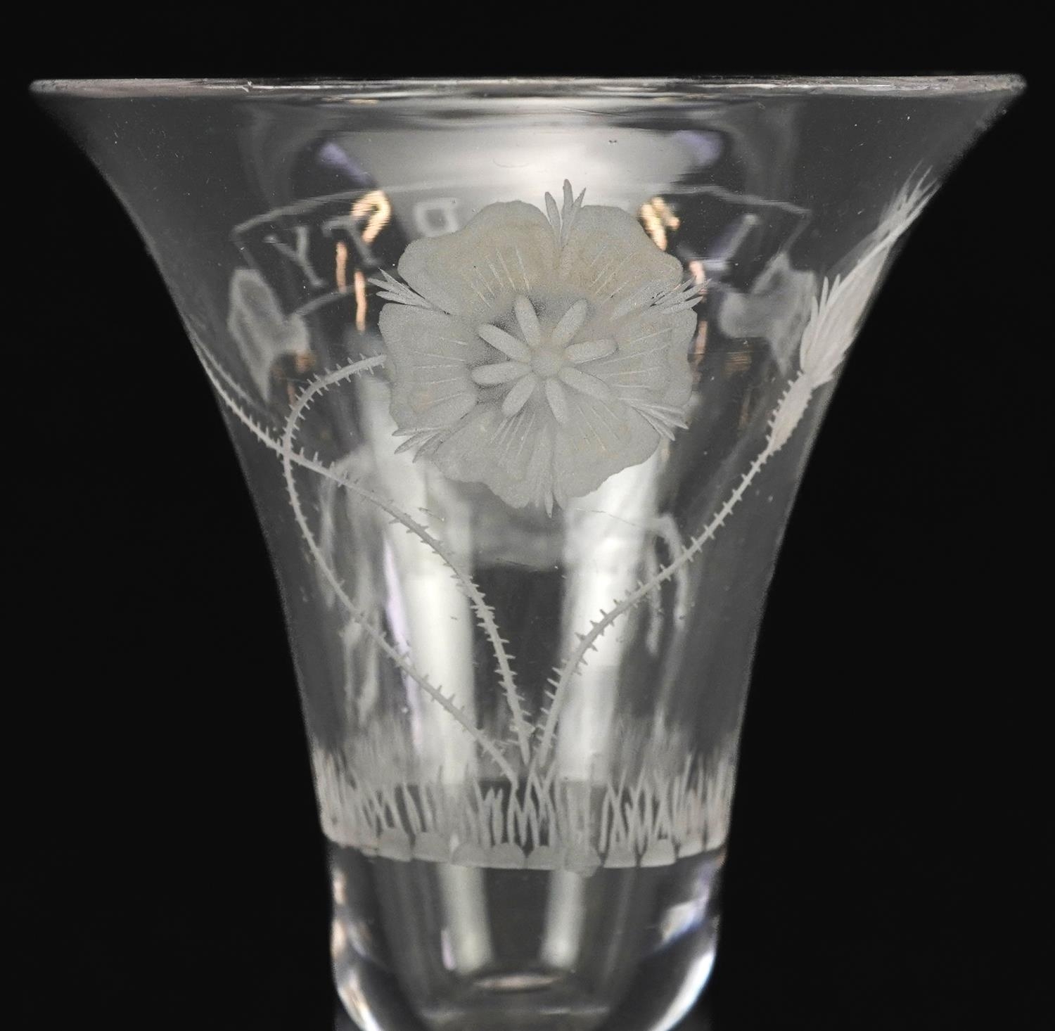 18th century antique Jacobite liberty wine glass engraved with a Jacobite rose and leaping horse, - Image 4 of 5