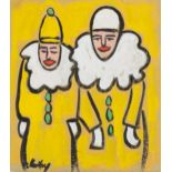 Manner of Markey Robinson - Two Pierrots, Irish school gouache on card, unframed