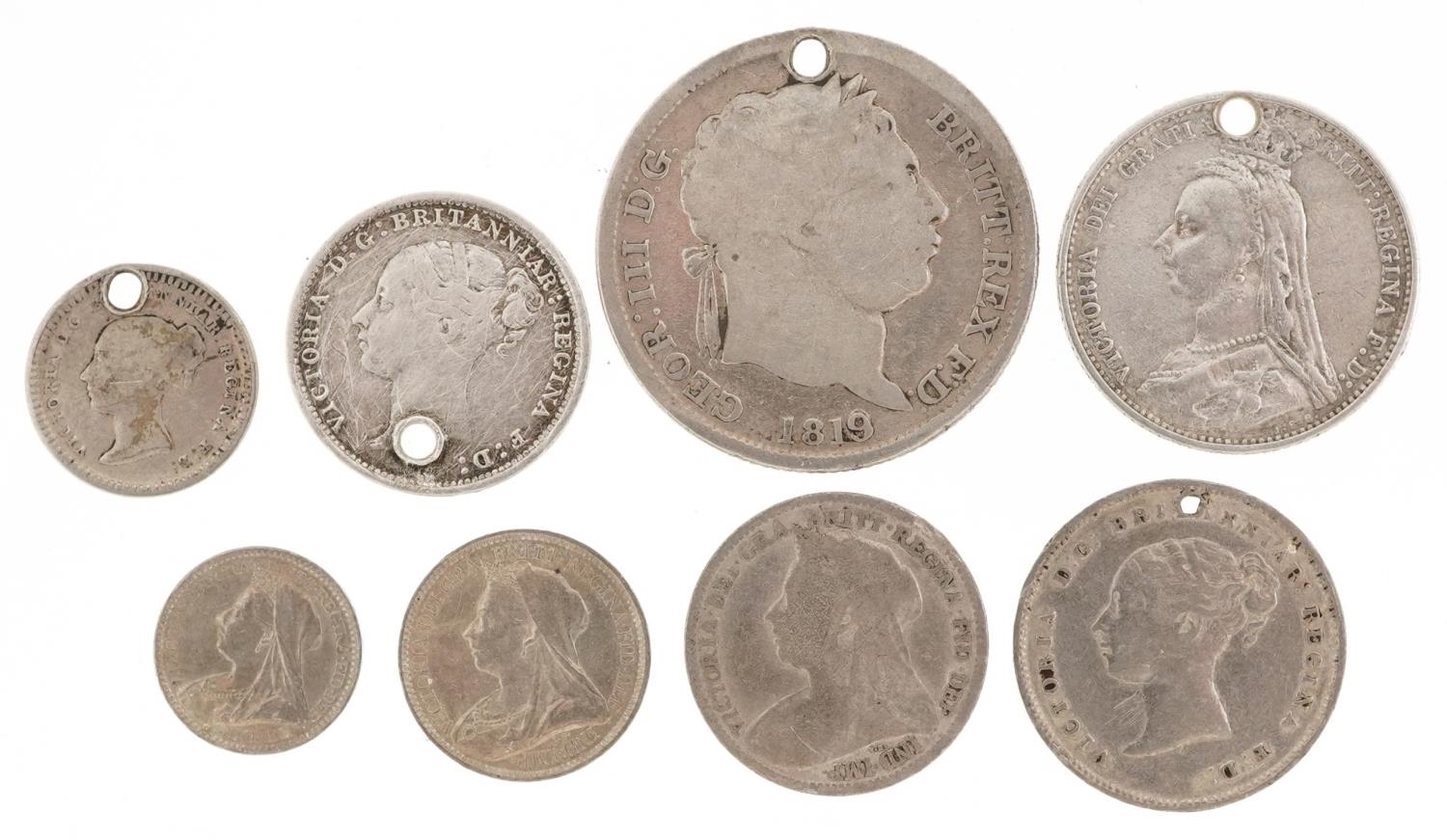 Victorian silver coinage including 1893 Maundy penny and twopence and an 1843 one and a half - Image 2 of 2