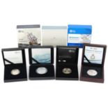 Four silver proof coins with cases, three by The Royal Mint with boxes, comprising 2015 Definitive