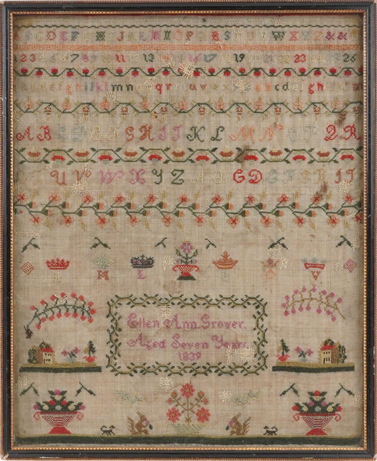 Early Victorian needlework sampler worked by Ellen Ann Grover aged seven years, dated 1839, framed - Image 2 of 4