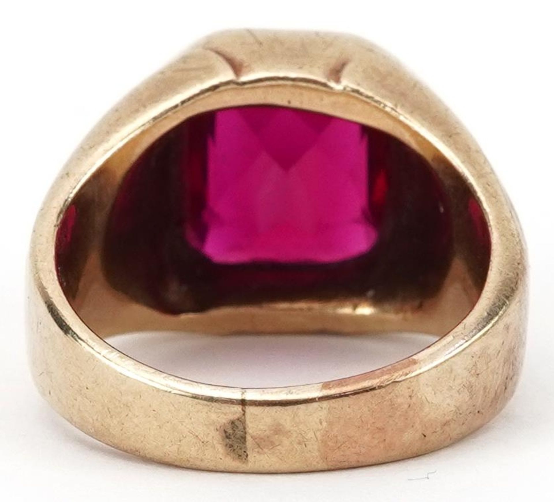 Heavy gold ruby ring, tests as 9ct gold, the ruby approximately 11.65mm x 9.90mm x 5.30mm deep, - Image 2 of 4