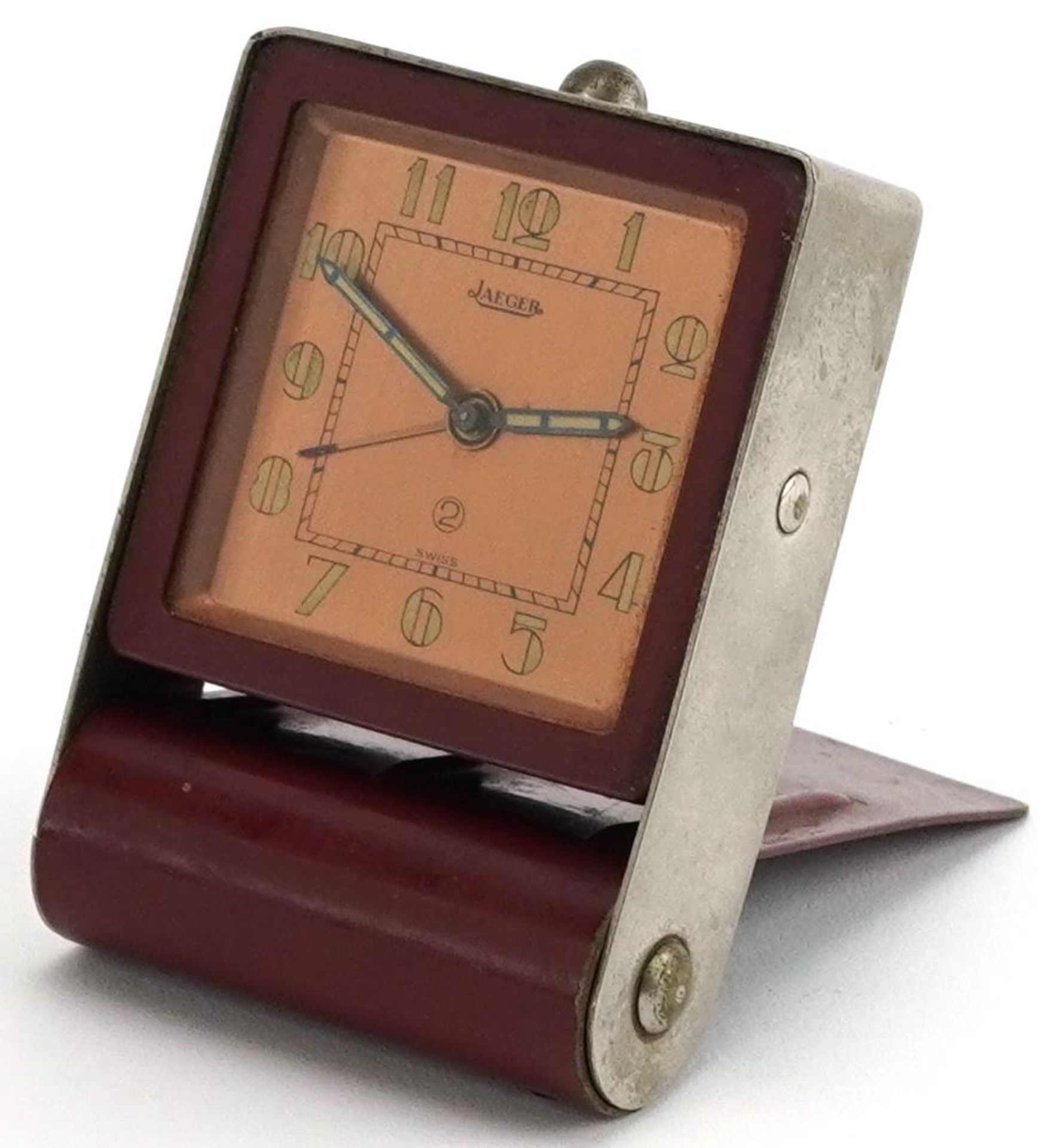 Vintage Jaeger LeCoultre travel alarm clock with square dial having Arabic numerals, 8cm high