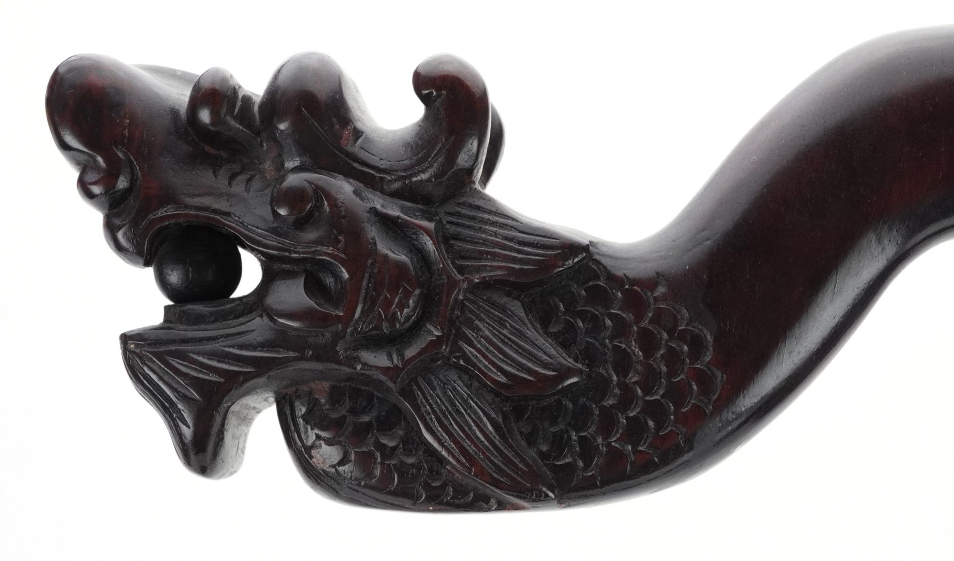 Chinese hardwood monastery bell stand carved with a dragon's head, possibly Hongmu, 71cm high - Bild 4 aus 8