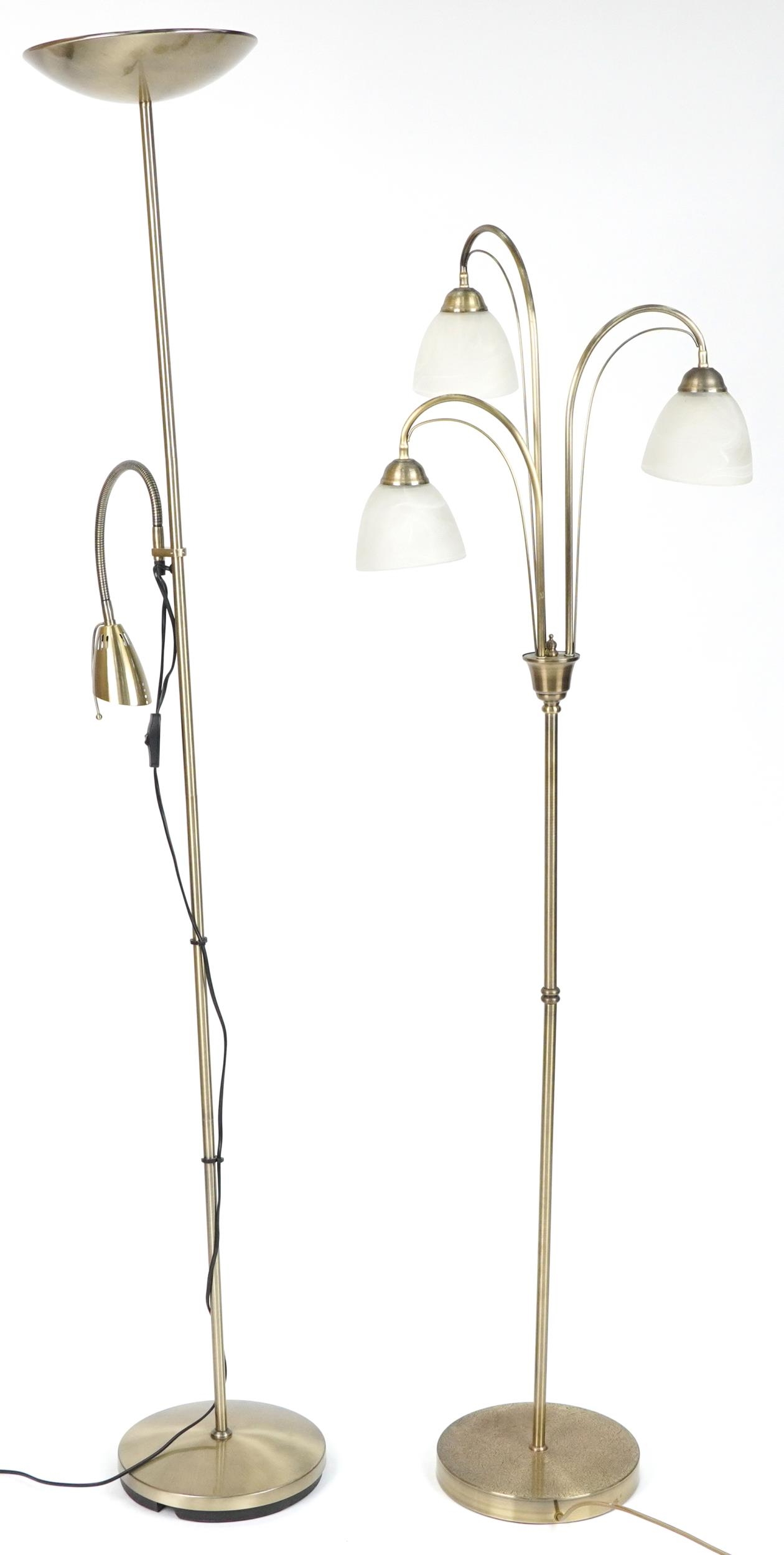 Two brass standard lamps including a three branch example with frosted glass shades, 179.5cm high - Image 2 of 2