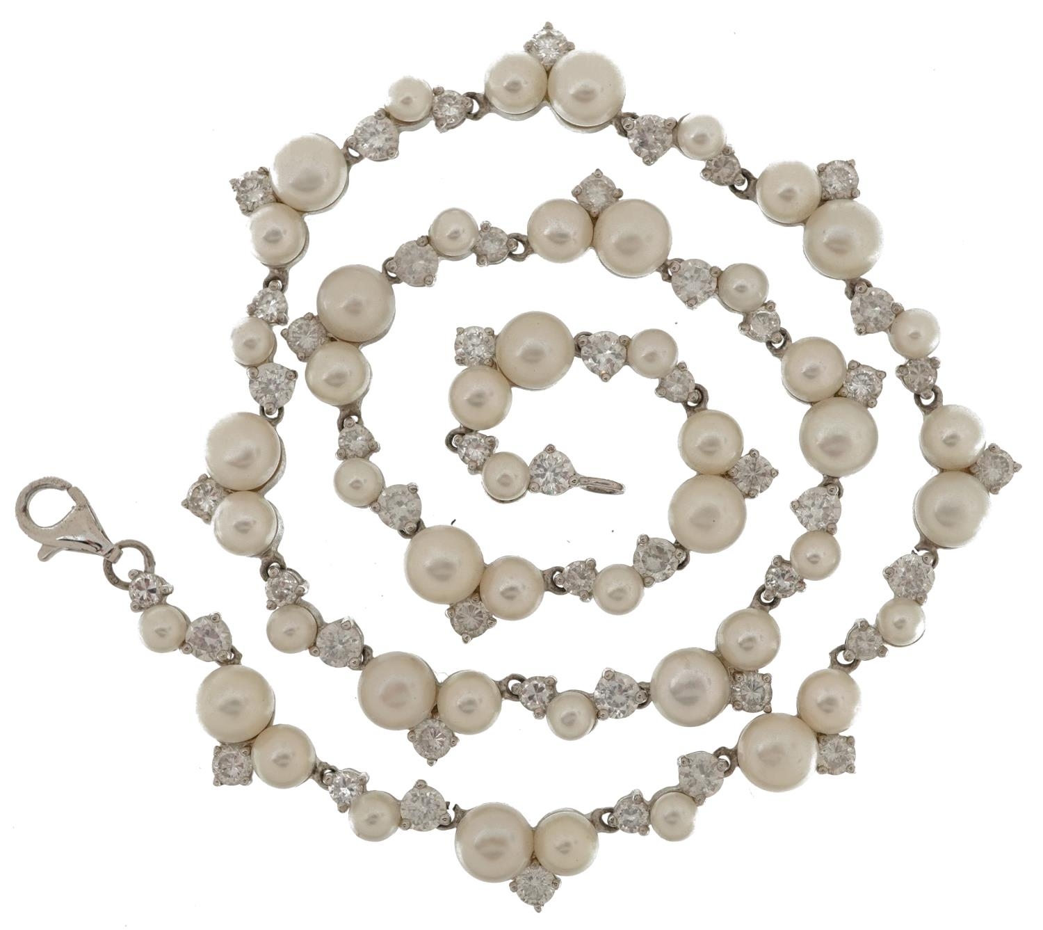 Silver cubic zirconia and cultured pearl collar necklace, 42cm in length, 43.4g - Image 3 of 5