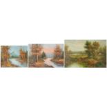 Lake scenes, three 19th century style contemporary oil on canvases/board, each mounted and framed,