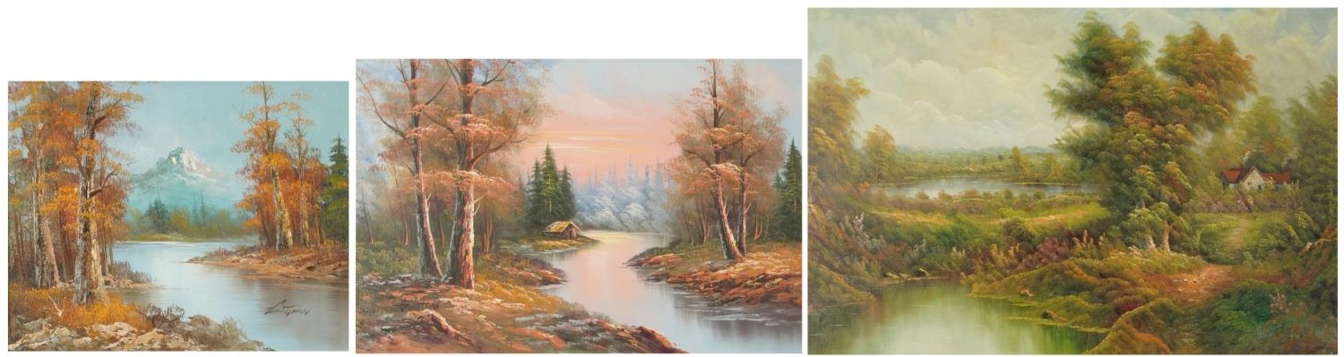Lake scenes, three 19th century style contemporary oil on canvases/board, each mounted and framed,
