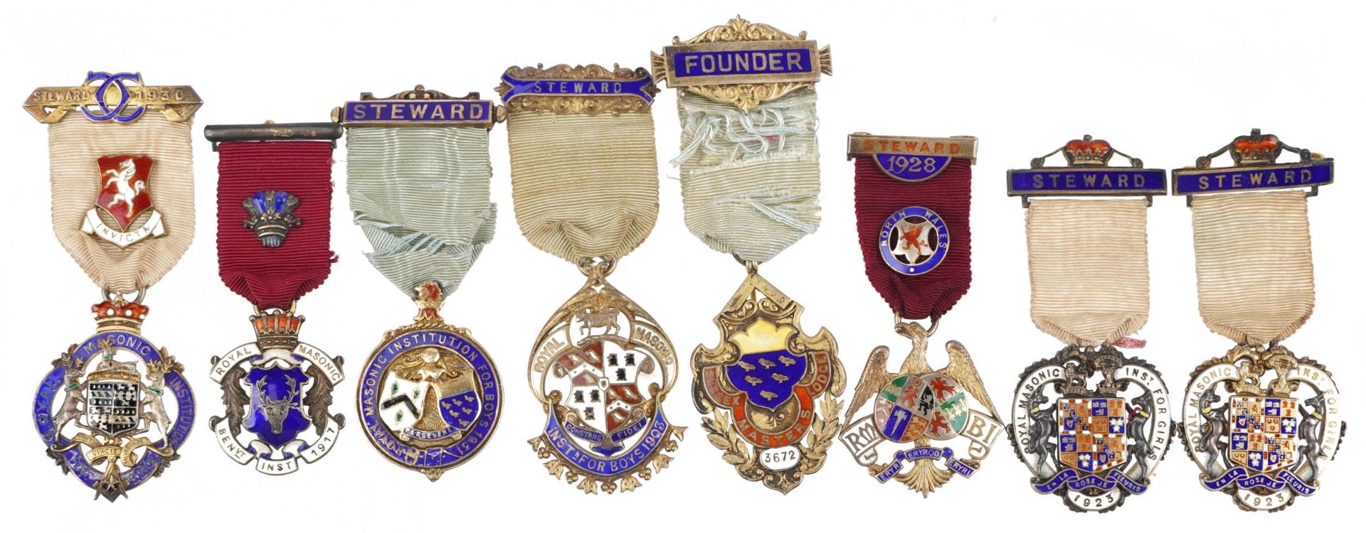Eight masonic silver and enamelled jewels including six Steward and one Founder, total 190g