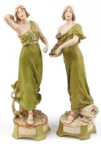 Royal Dux, large pair of Czechoslovakian Art Nouveau figurines of scantily dressed females including