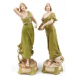 Royal Dux, large pair of Czechoslovakian Art Nouveau figurines of scantily dressed females including