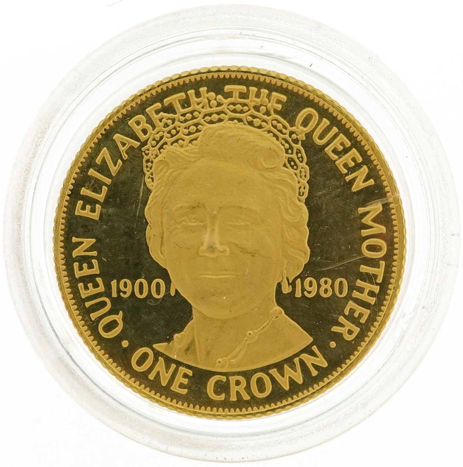 Elizabeth II Isle of Man 1980 gold proof crown commemorating Queen Mother's 80th birthday