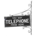 You May Telephone from Here double sided enamel advertising sign with iron wall mount, 73cm high