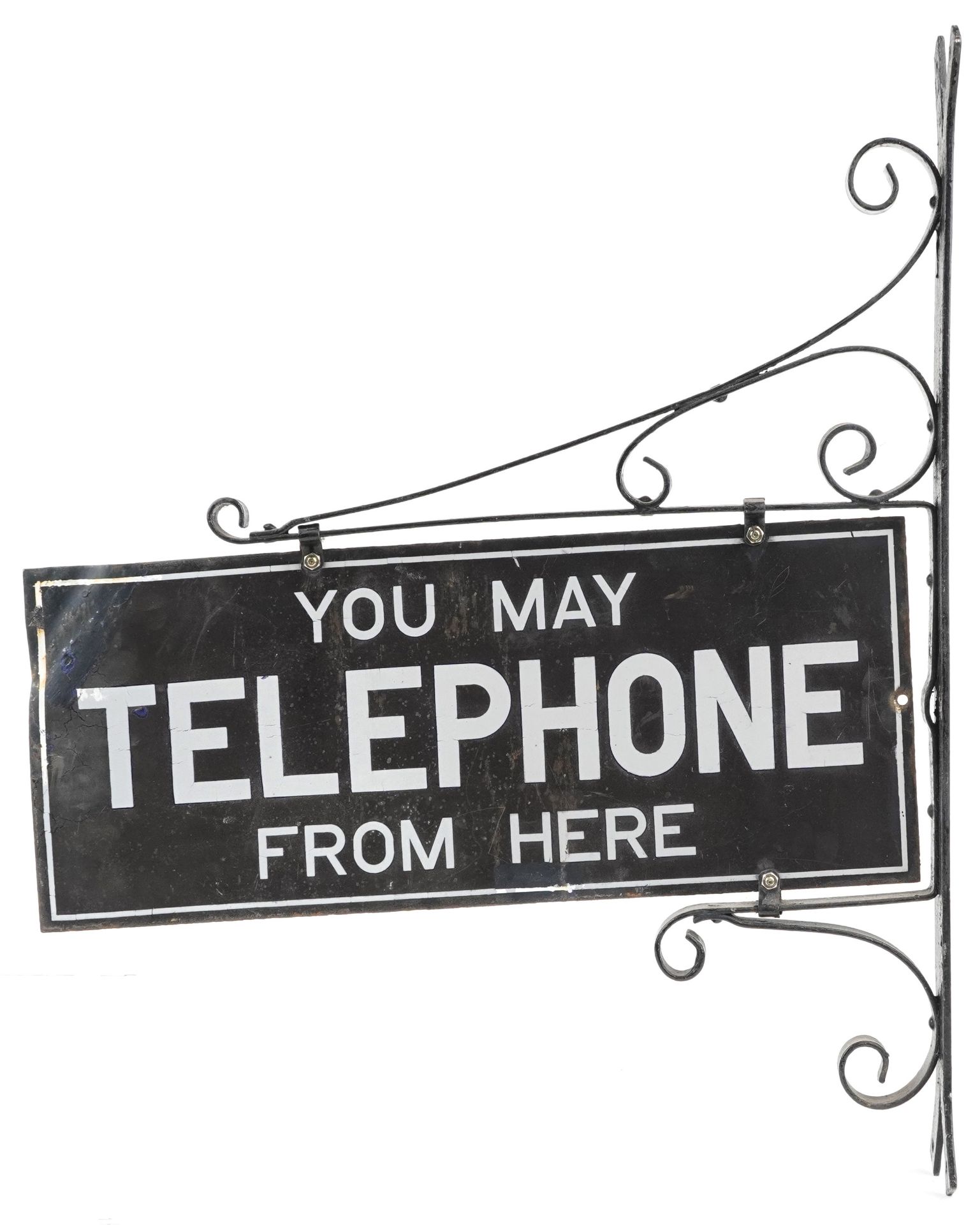 You May Telephone from Here double sided enamel advertising sign with iron wall mount, 73cm high