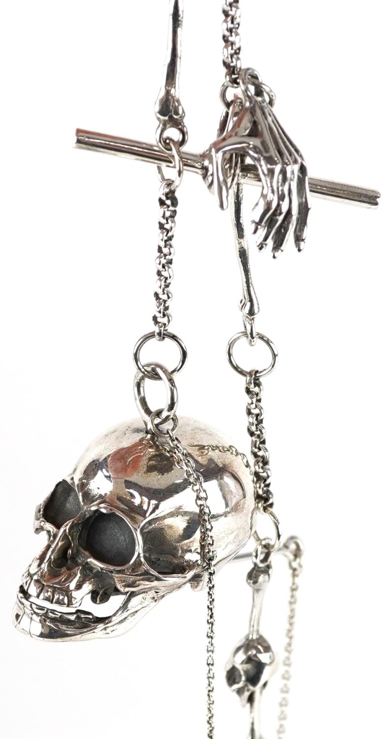 Steam Punk sterling silver human skull design watch chain with opening skull trinket and T bar, 30cm