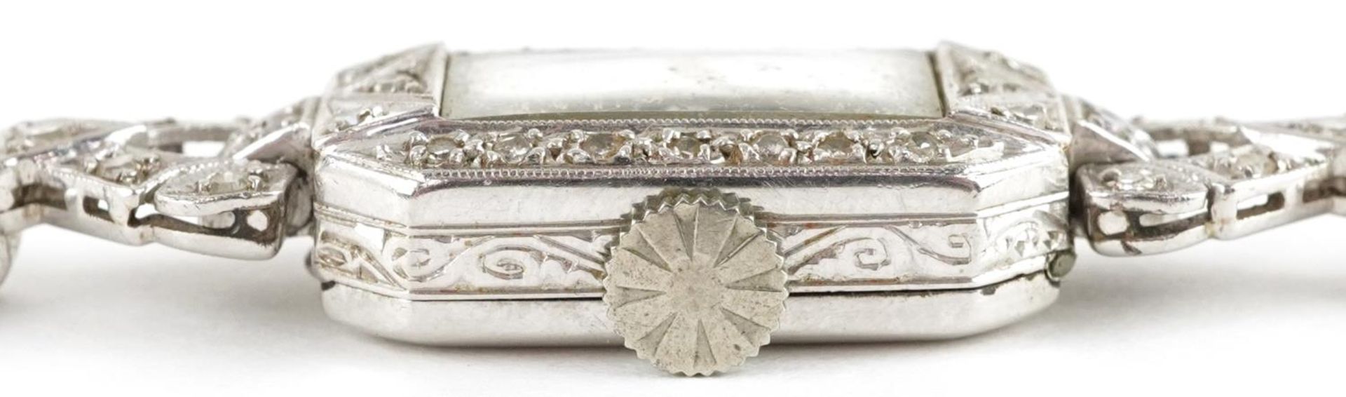 Art Deco ladies platinum diamond manual wind cocktail watch on a 9ct white gold strap having - Bild 8 aus 8