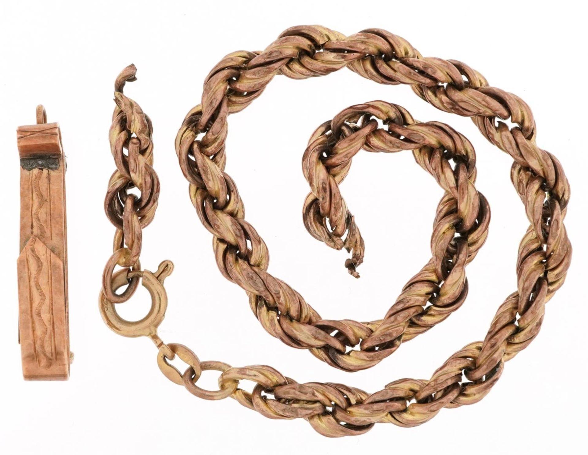 Russian rose gold jewellery clasp and a broken 9ct gold rope twist necklace, the largest 21cm in - Bild 2 aus 4