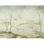 Wendy Hunter - Cranes amongst marshland, wildlife interest oil on board, mounted and framed, 59.