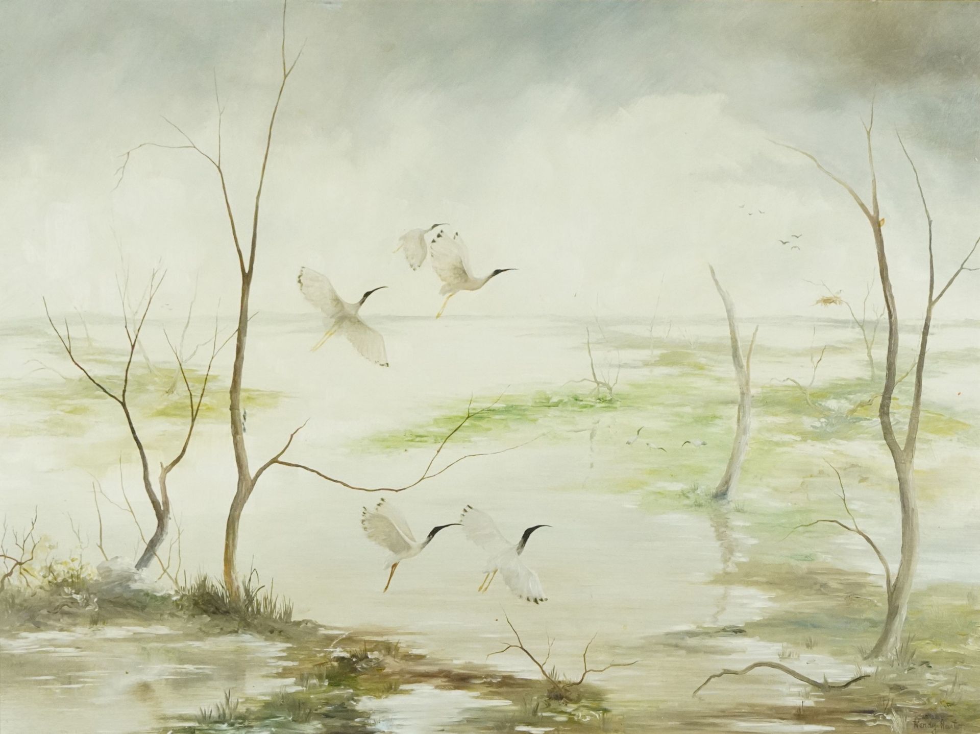 Wendy Hunter - Cranes amongst marshland, wildlife interest oil on board, mounted and framed, 59.