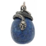 Lapis lazuli pendant mounted with a silver serpent, impressed Russian marks to the back, 2.8cm high,