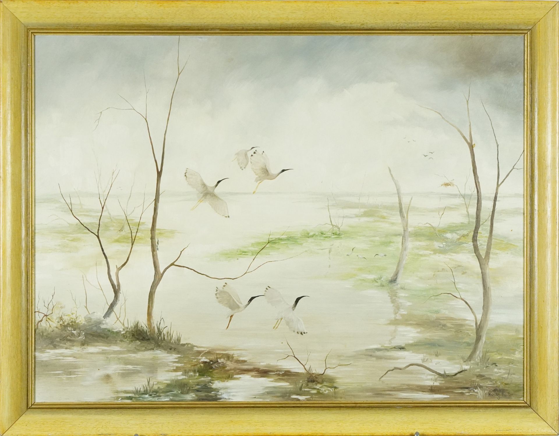 Wendy Hunter - Cranes amongst marshland, wildlife interest oil on board, mounted and framed, 59. - Image 2 of 5