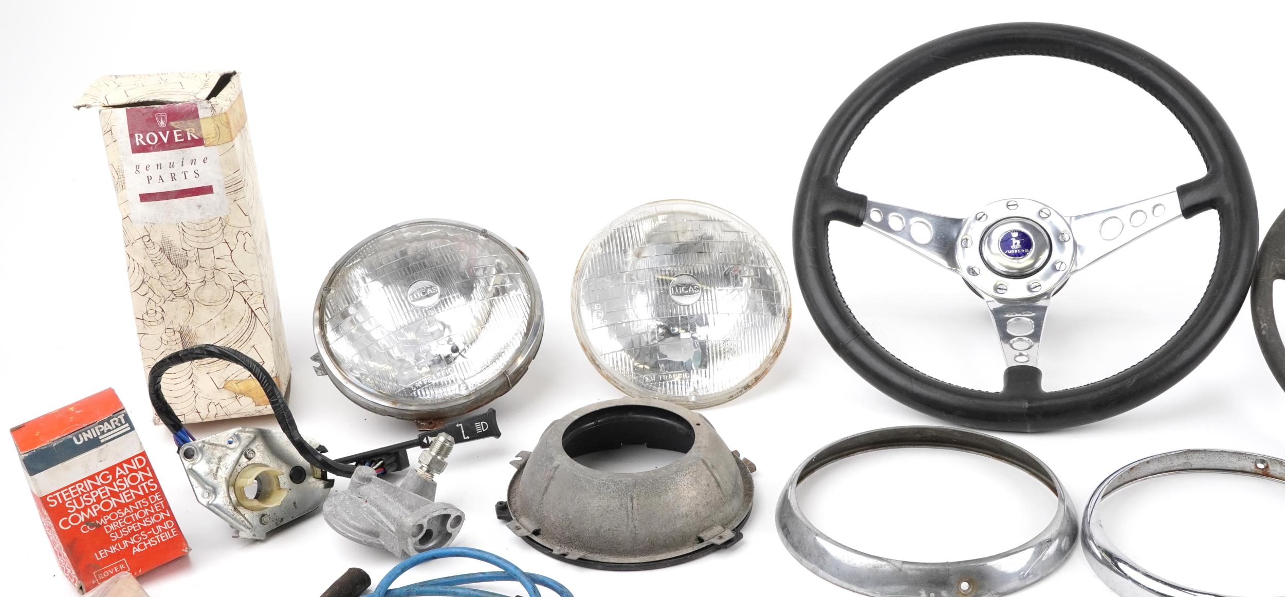 Vintage and later automobilia interest car parts including Lucas headlights, Sunbeam steering wheel, - Image 2 of 5