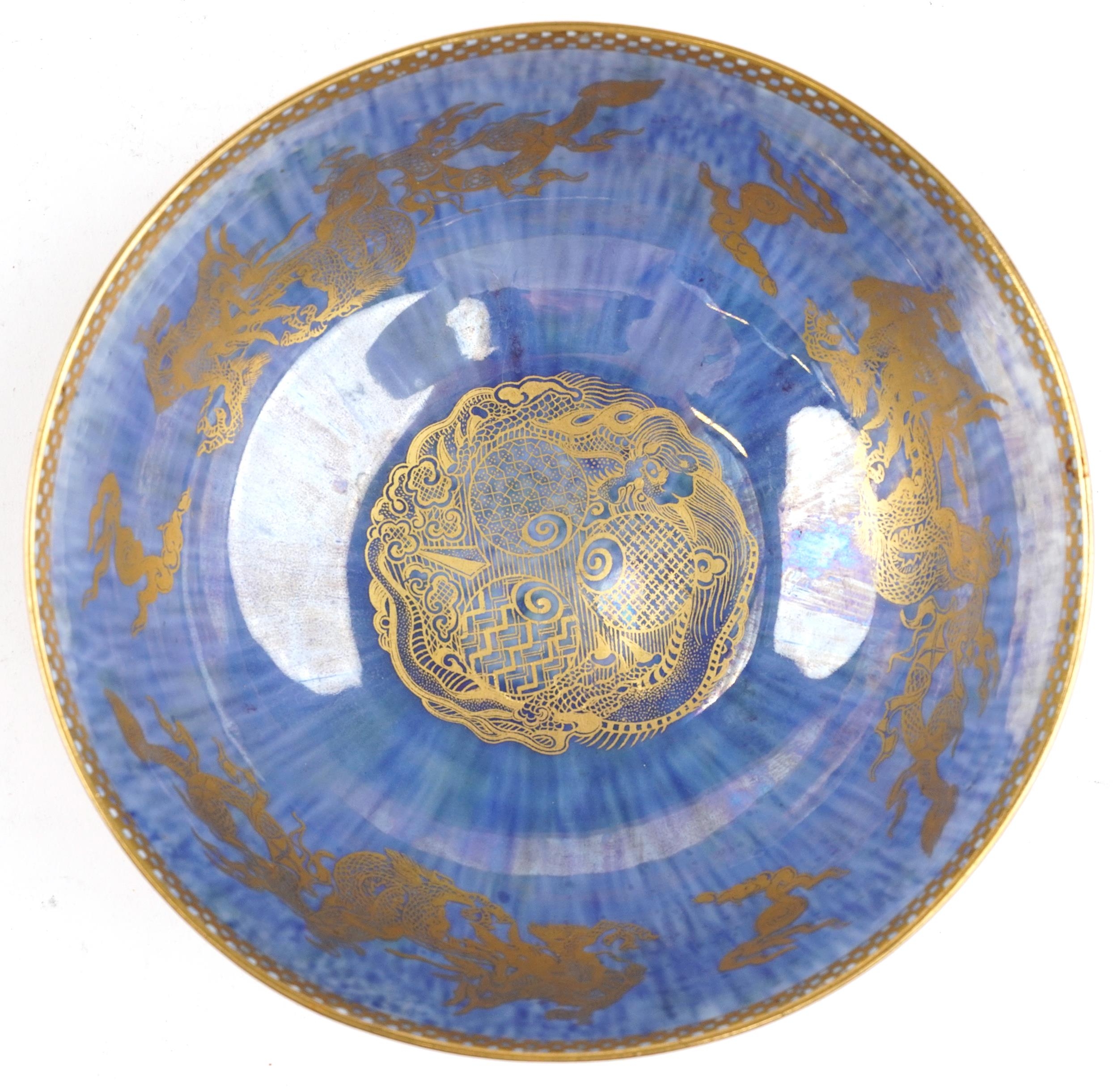 Wedgwood orange and blue ground Fairyland lustre bowl gilded with dragons chasing the flaming - Image 5 of 7