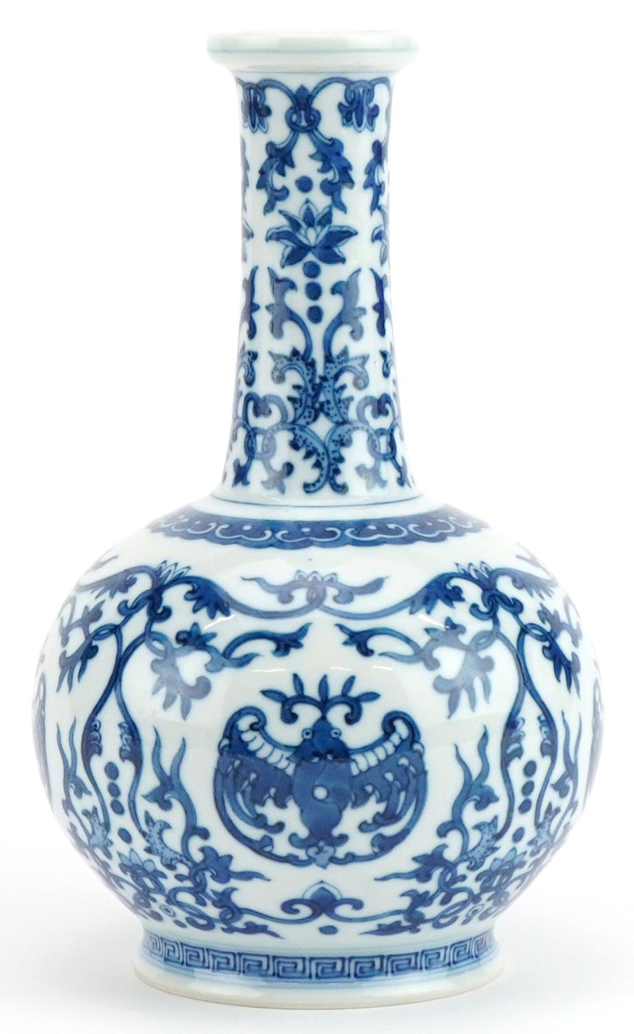 Chinese blue and white porcelain vase hand painted with stylised bats amongst scrolling foliage, six