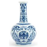 Chinese blue and white porcelain vase hand painted with stylised bats amongst scrolling foliage, six