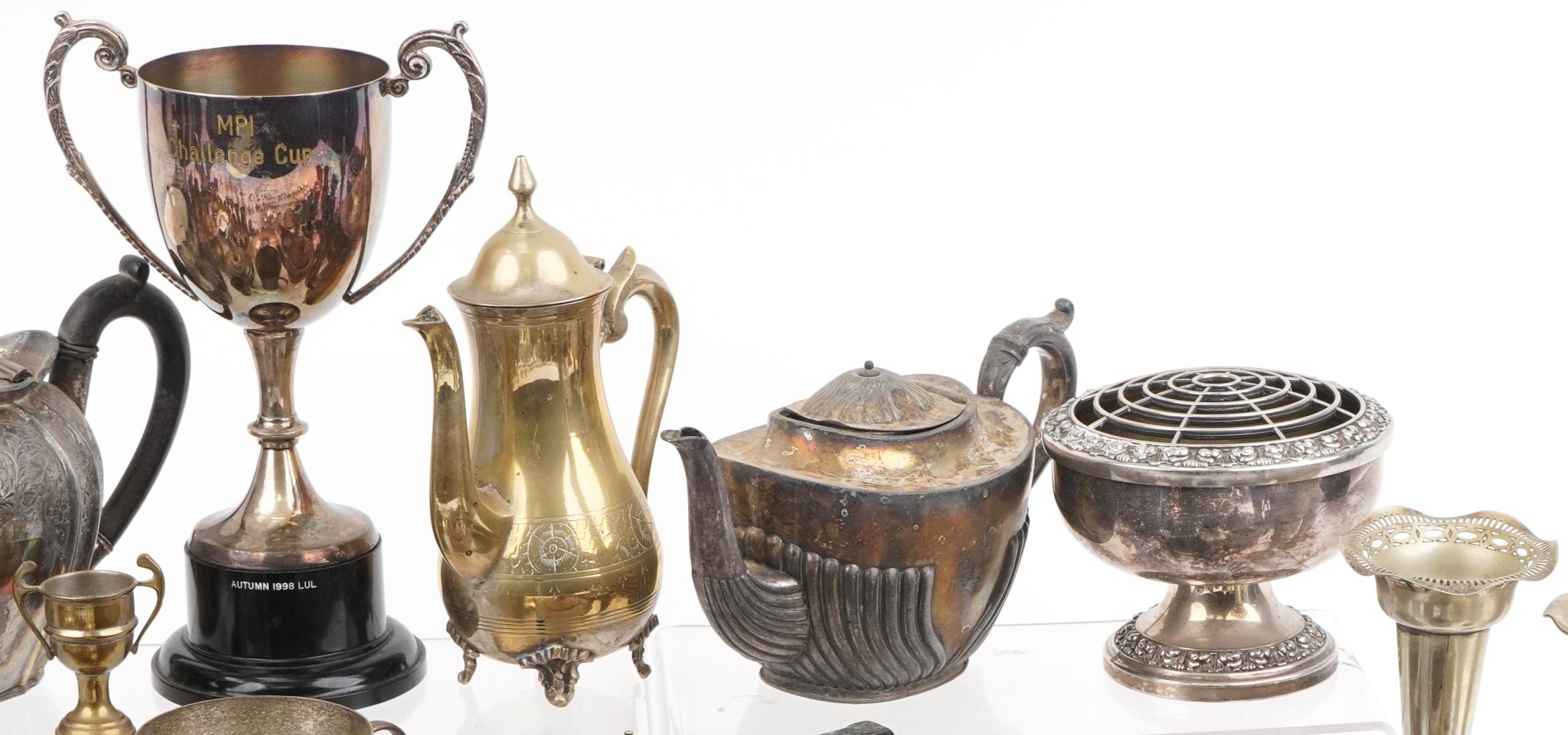 Silver plated metalware including pair of campana urns, trophy, coffee pot and teapot - Image 3 of 5