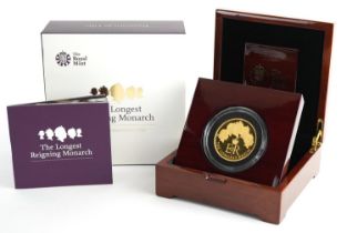 Elizabeth II 2015 five ounce gold proof coin by The Royal Mint commemorating The Longest Reigning