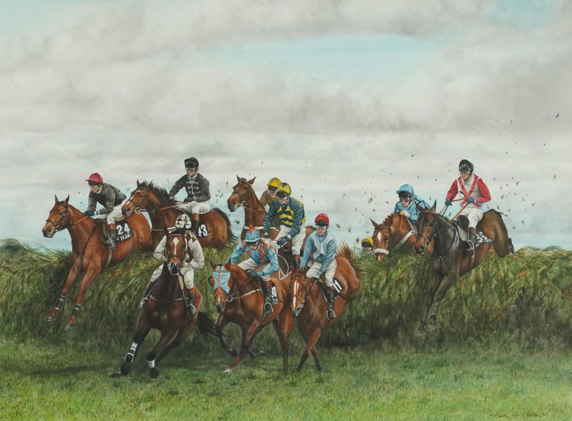 Alison Ingrid Ashton - The Grand National, Aintree 1990, equestrian interest watercolour, Cancer