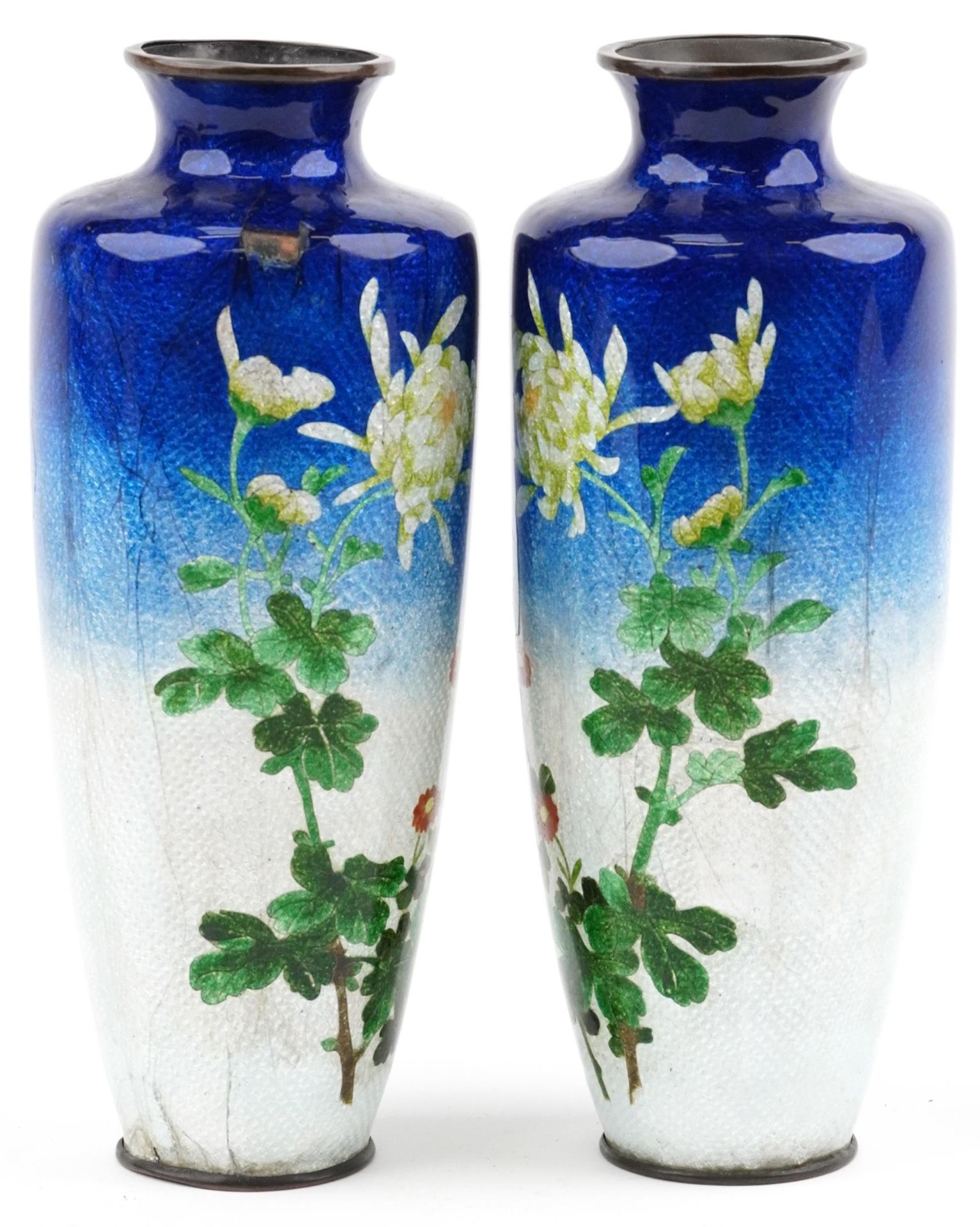 Pair of Japanese blue and white ground cloisonne vases enamelled with flowers, each 24.5cm high - Image 4 of 6