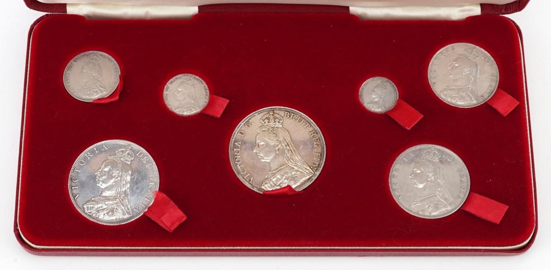 Queen Victoria Jubilee Head 1899 silver specimen coin set, comprising crown, half crown, double - Bild 5 aus 6