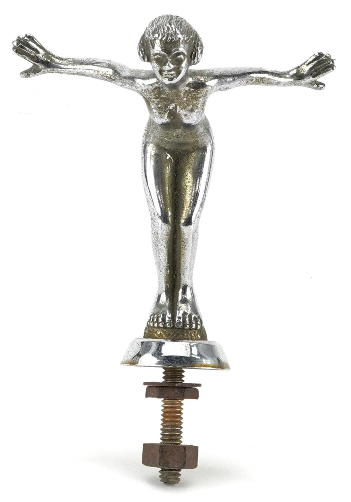 Art Deco automobilia interest chrome plated car mascot in the form of nude female, 12cm high