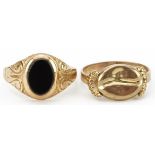 Two gold rings comprising a 9K gold coffee bean ring and a 9ct gold black onyx signet ring with