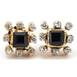 Pair of unmarked gold sapphire and diamond square cluster stud earrings, tests as 18ct gold, each