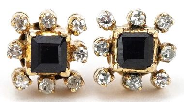 Pair of unmarked gold sapphire and diamond square cluster stud earrings, tests as 18ct gold, each